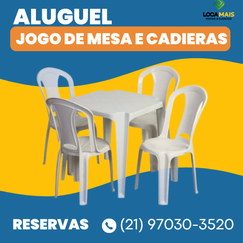 Conjunto aluguel: 1 mesa de plástico branca + 4 cadeiras de plástico branca para festas e eventos no Rio de Janeiro